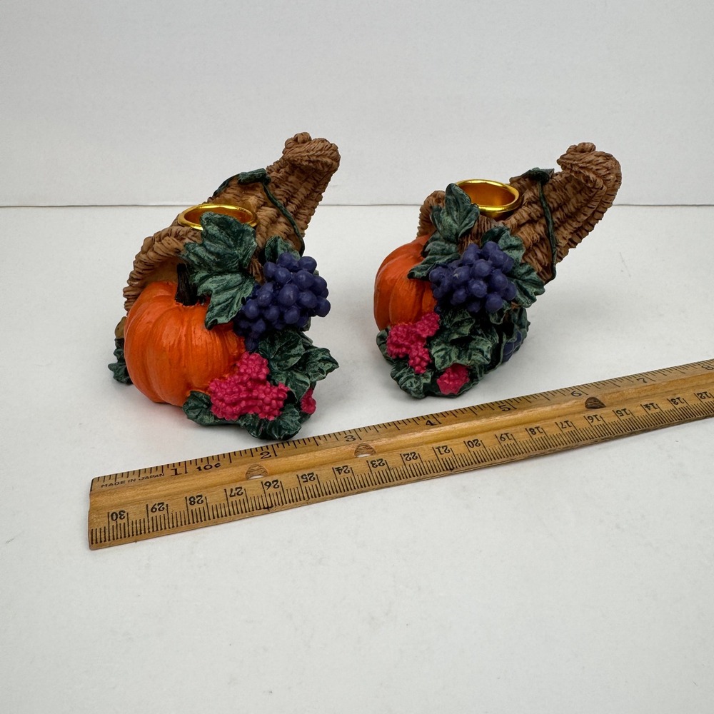 Vtg Cornucopia Thanksgiving Fall Autumn Candlestick Holders Tabletop Gold Accent